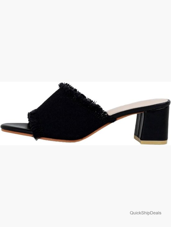 Shoes - Linen Peep Toe Chunky Heel Mules Sandals Non-Slip for Work Dating